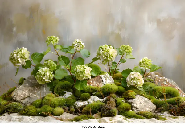 White Hydrangea Flowers with Green Moss and Rocks on a Grey Wall Background