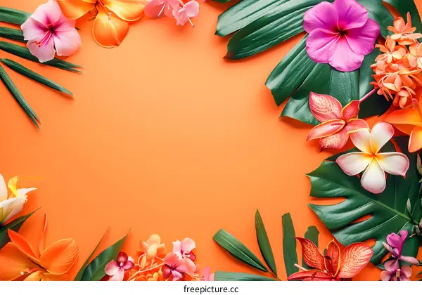 Tropical Flowers and Leaves on Orange Background