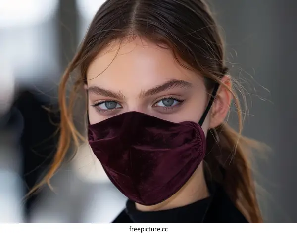 Portrait of a young woman wearing a maroon velvet mask