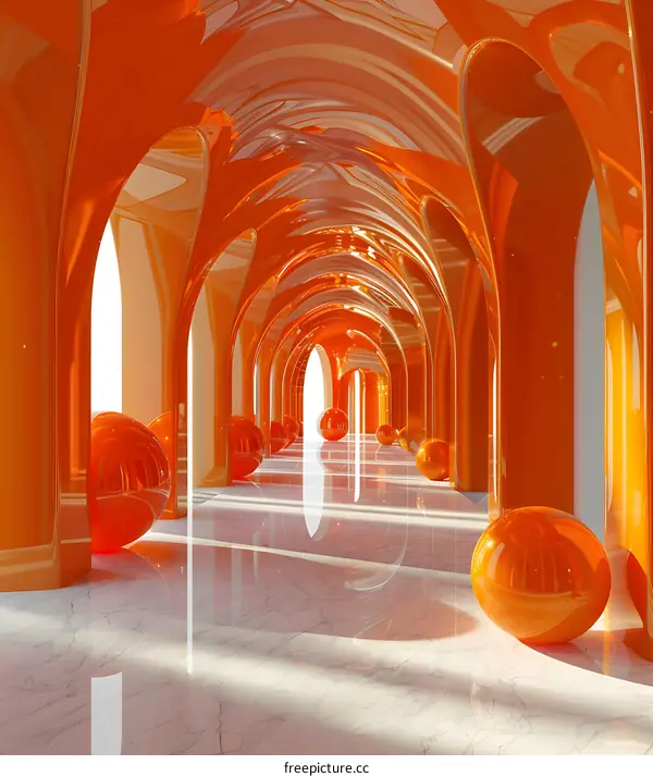Abstract Orange Archway Corridor With Spheres