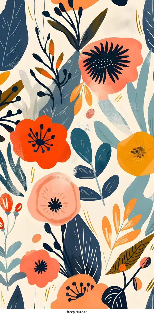 Floral Pattern Illustration with Orange, Blue and Yellow
