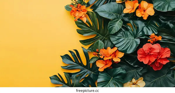 Tropical Leaves and Flowers on Yellow Background