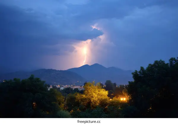 Dramatic Lightning Storm over Mountains at Dusk