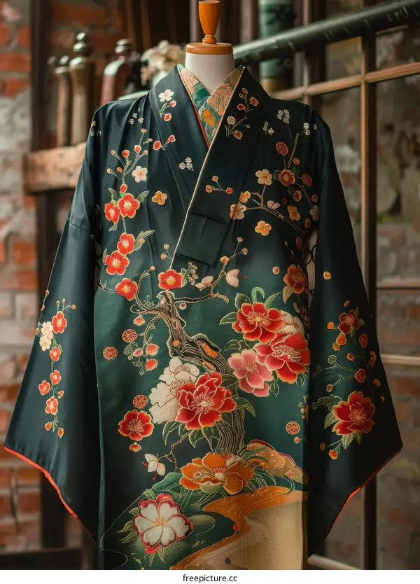 Traditional Japanese Kimono with Floral Embroidery