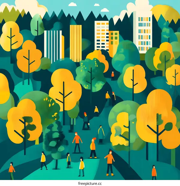 People Walking in a City Park Illustration
