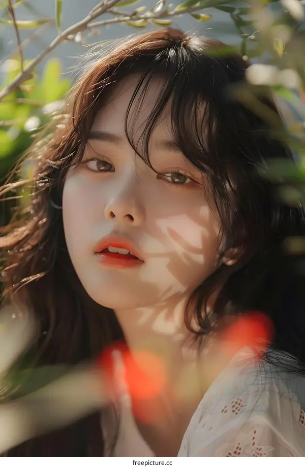 Beautiful Asian Woman with Long Black Hair Posing in a Natural Setting