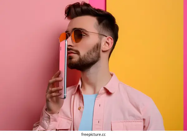 Man Wearing Sunglasses Holding Phone Against Face