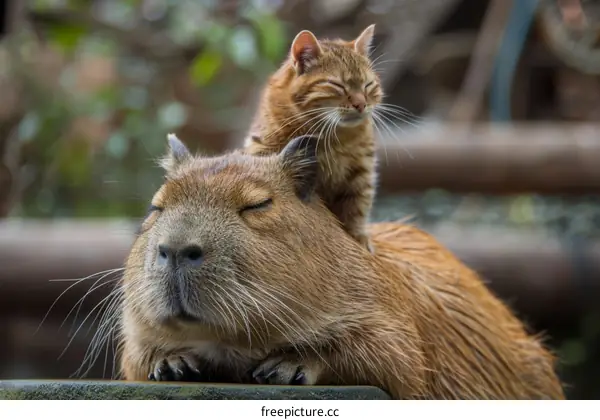 A cat is sleeping on the back of a capybara