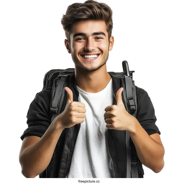 [Transparent Background PNG]Happy Young Man with a Backpack Showing Thumbs Up