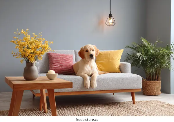Cozy Living Room with a Golden Retriever