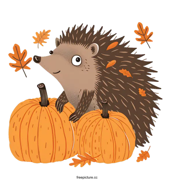 [Transparent Background PNG]Cute Hedgehog with Pumpkins and Autumn Leaves Illustration