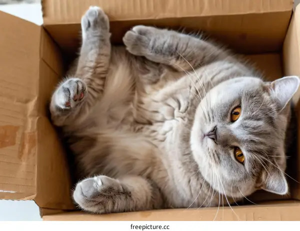 A gray cat is lying in a cardboard box