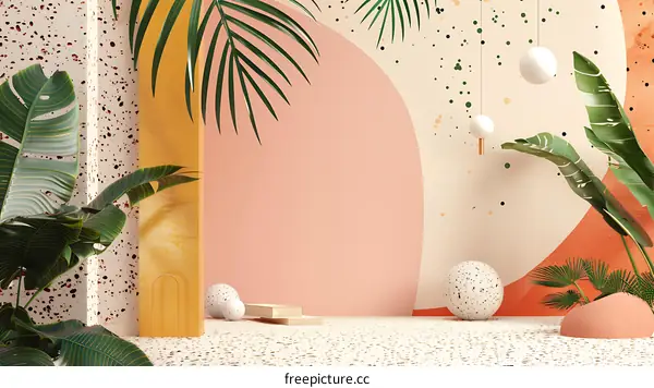 Minimalist Tropical Background with  Abstract Shapes and Palm Leaves