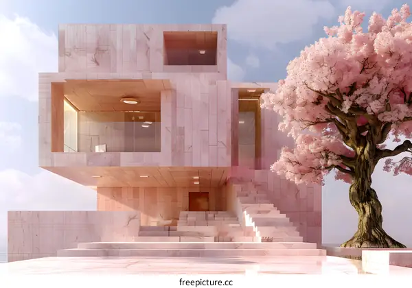Modern Architecture with Pink Cherry Blossom Tree