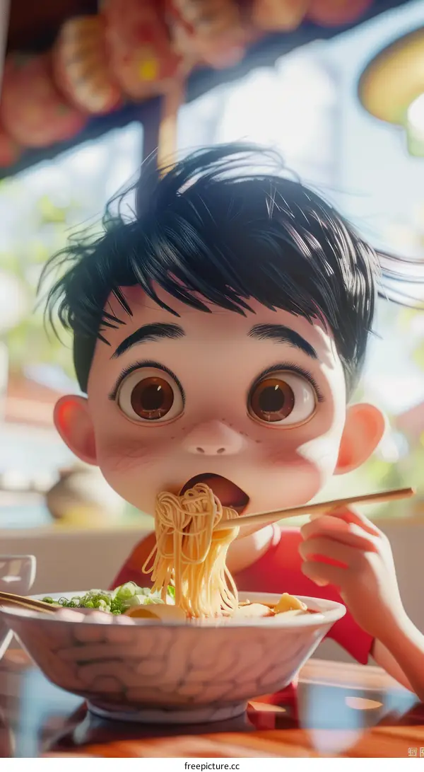A boy eating noodles with chopsticks