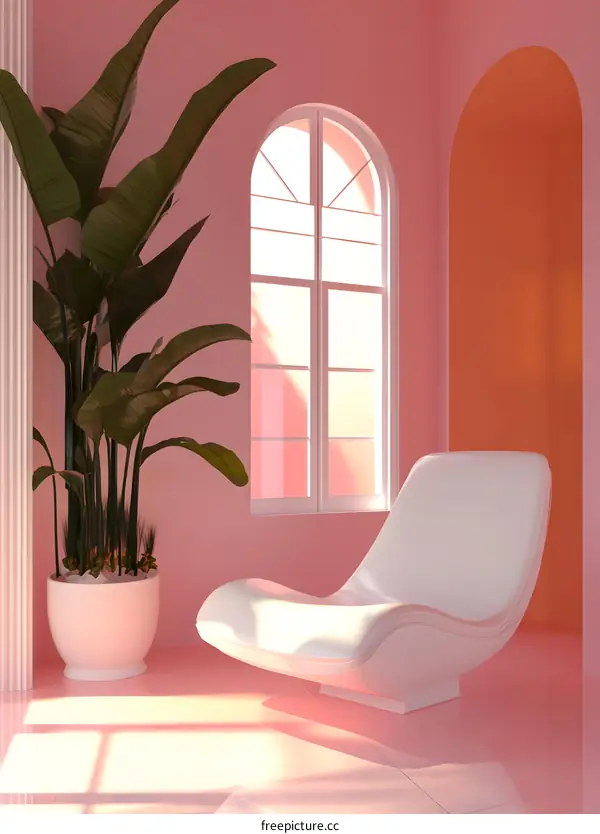 Minimalist Pink Room with White Chair and Arch Window