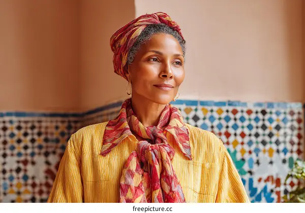 Thoughtful Senior Woman in Colorful Headscarf