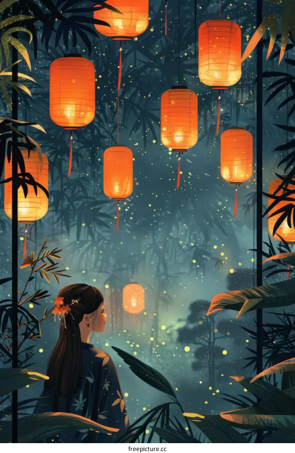 A girl wearing a kimono is standing in a bamboo forest looking at the lanterns.