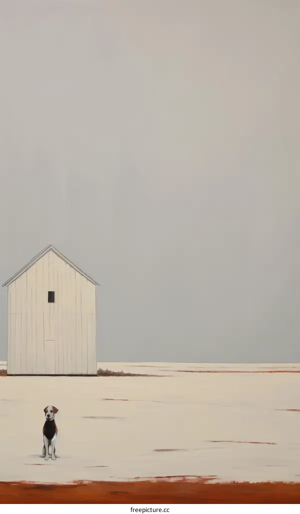 Dog in front of a red barn in the snow