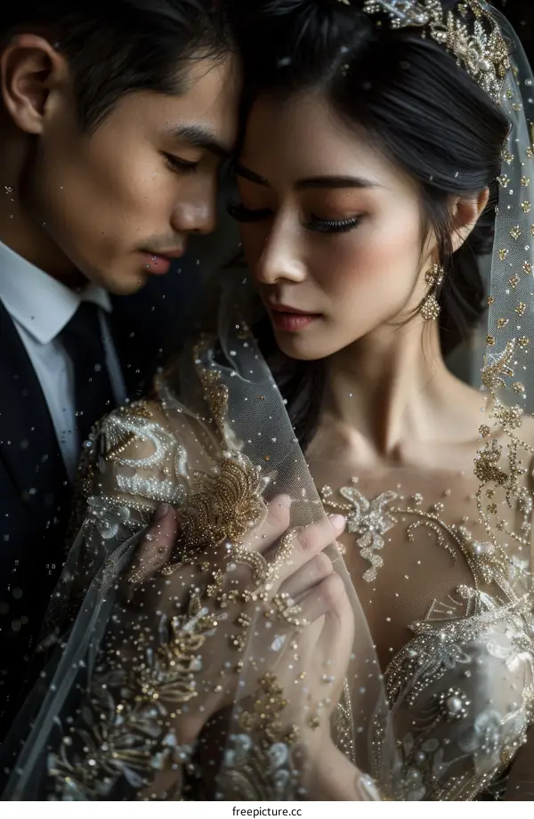Asian couple in wedding dress and suit with hand on waist
