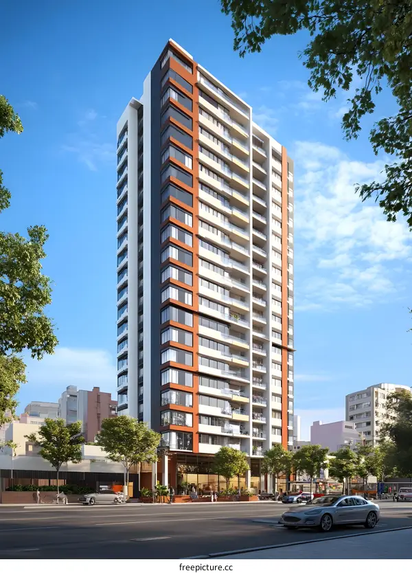 Modern High Rise Building With Sky and Trees