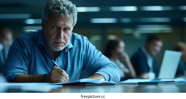 Serious Businessman Taking Notes in a Meeting Room