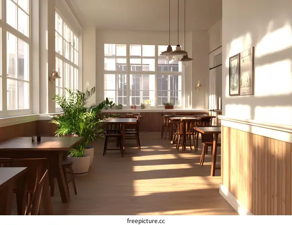 Wooden Floor And White Walls Interior Design Of Empty Cafe