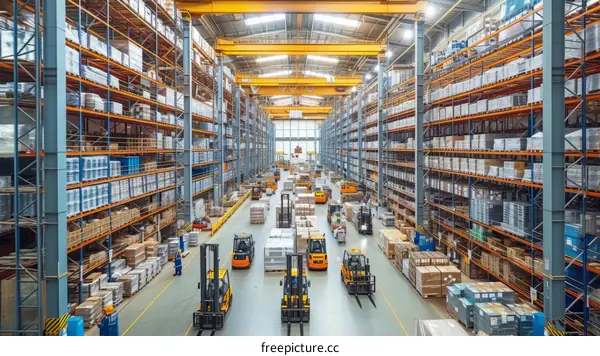 A large warehouse with many forklifts and shelves full of goods