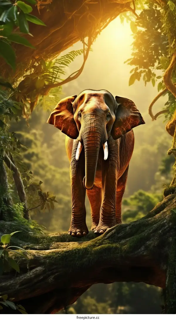 Elephant standing on a tree trunk in the jungle