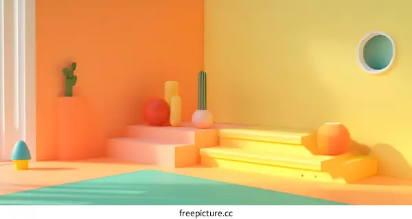 3D Minimalist Illustration of a Colorful Room with Cactus and Geometric Shapes