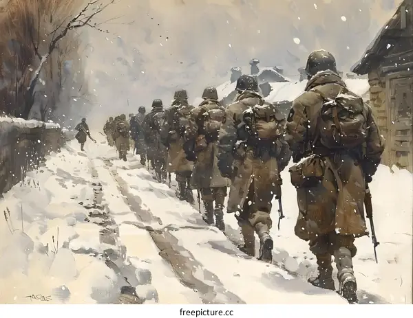 A group of soldiers walking through the snow in a war zone