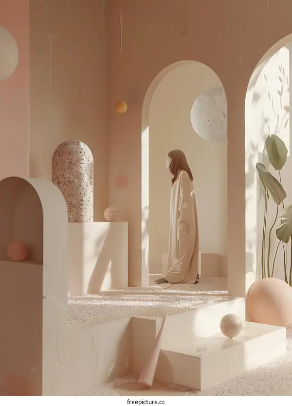 Woman in Beige Dress Standing in a Minimalist Room