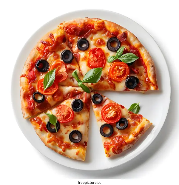 Delicious Pizza with Olives Tomatoes and Basil on a White Plate