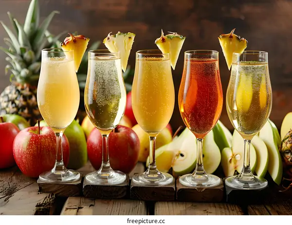 Four Glasses of Sparkling Cider with Pineapple and Apple Slices