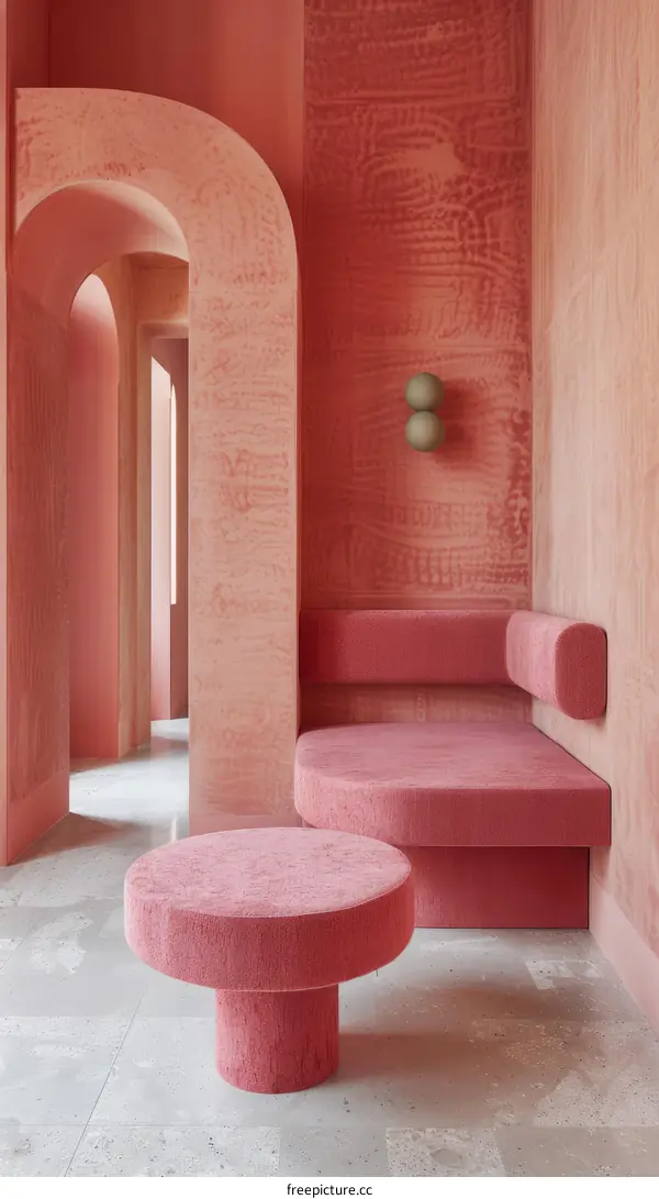 Minimalist Pink Room with Curved Walls and Matching Furniture