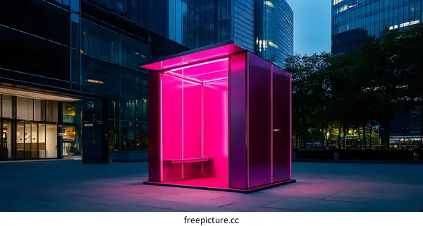 Pink Illuminated Cube Installation in Modern City