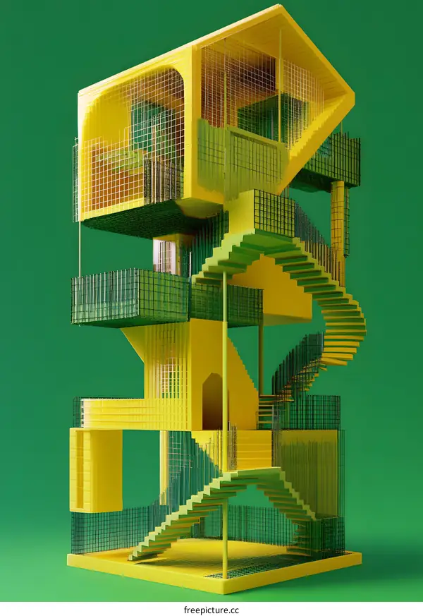 Abstract Minimalist Yellow and Green Building with Stairs
