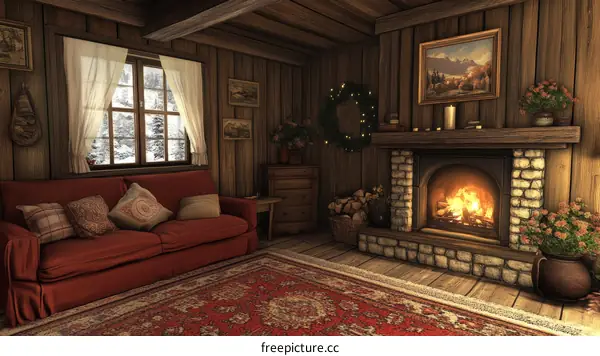 Cozy Winter Cabin Living Room Illustration