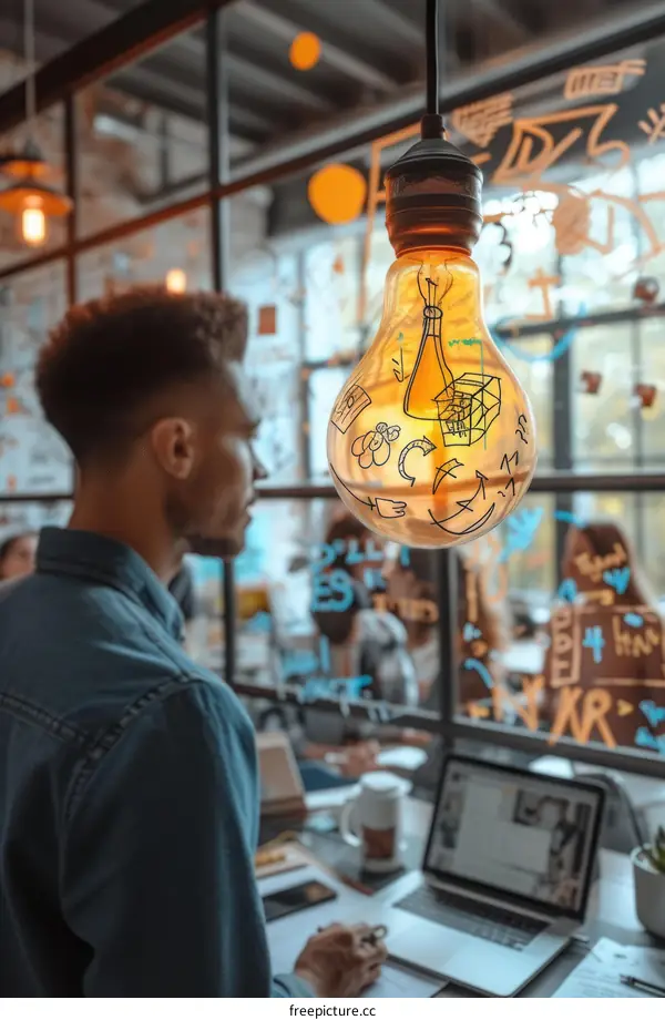 Light bulb with sketches of ideas hanging by a window with a man in front of it