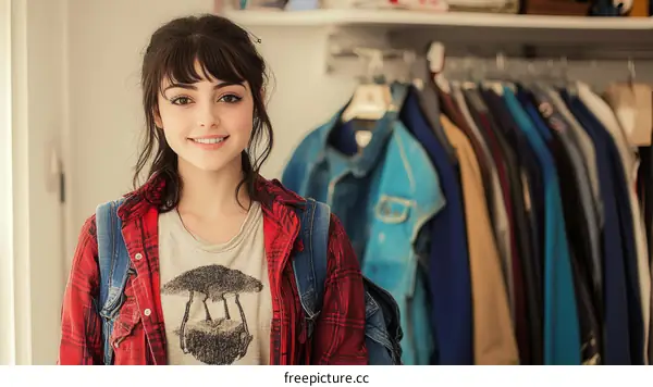 Smiling Teen Girl in Plaid Shirt in Front of Clothes