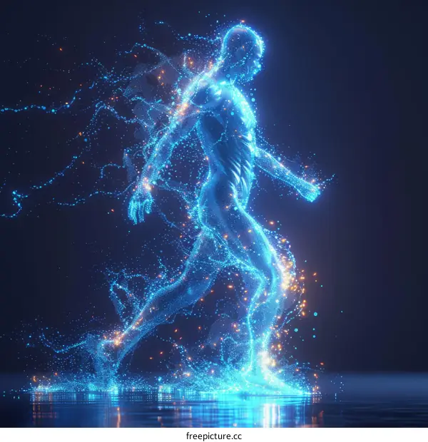 Blue human figure made of particles walking