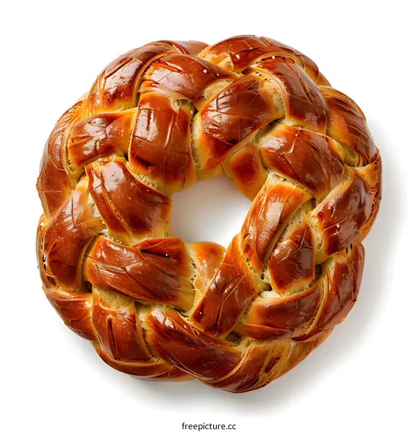 top view of round braided bread isolated on white background