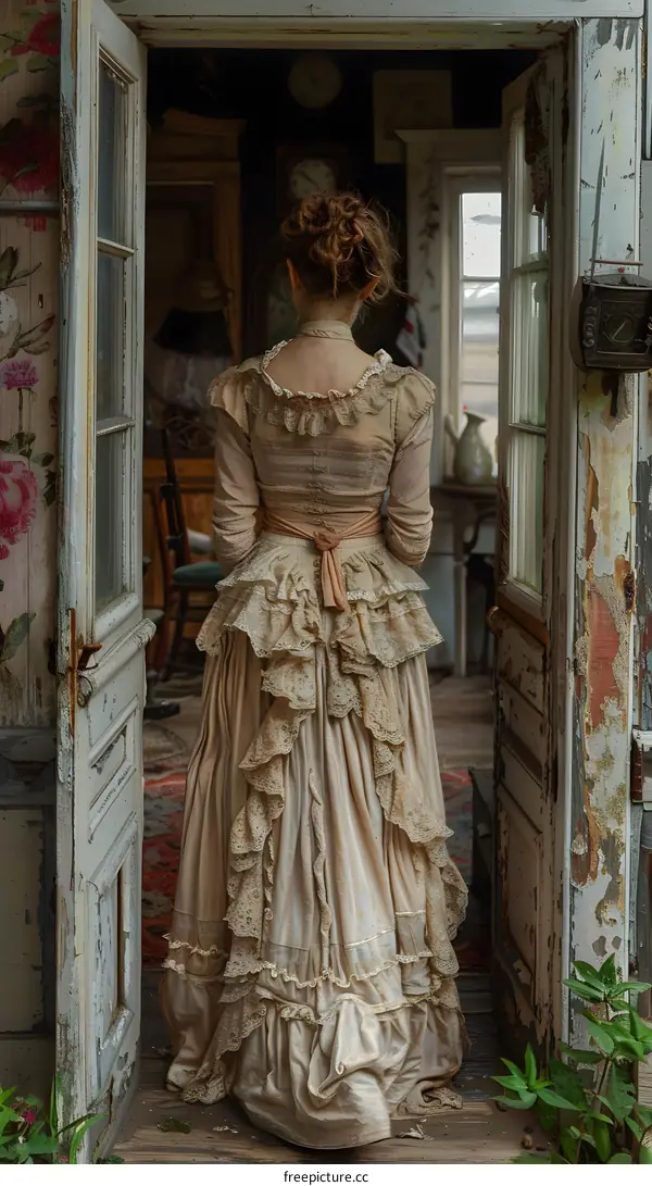 A woman in a long dress standing in a doorway