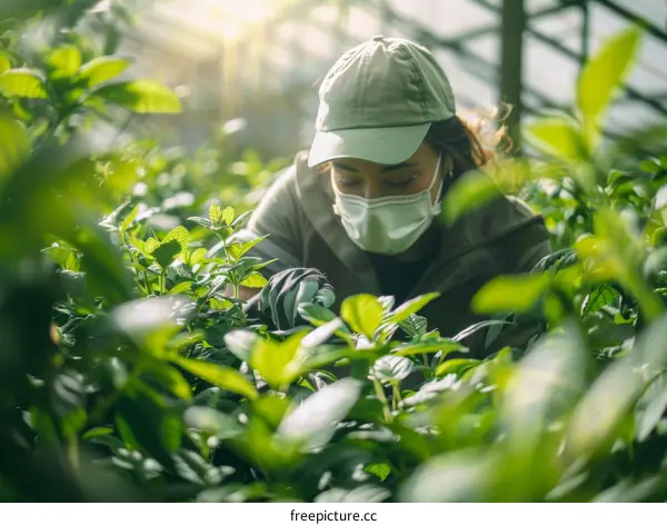 A woman wearing a mask and gloves is working in a greenhouse