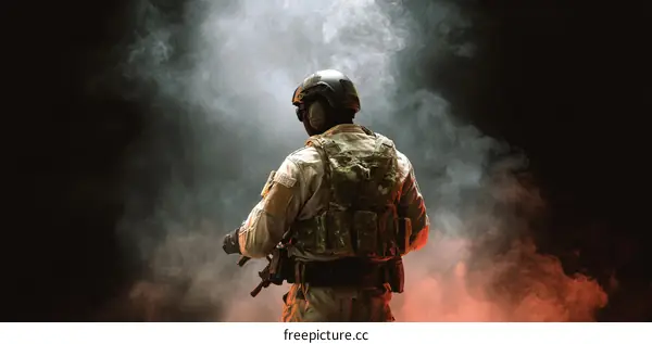 Military Soldier Back View in Smoke