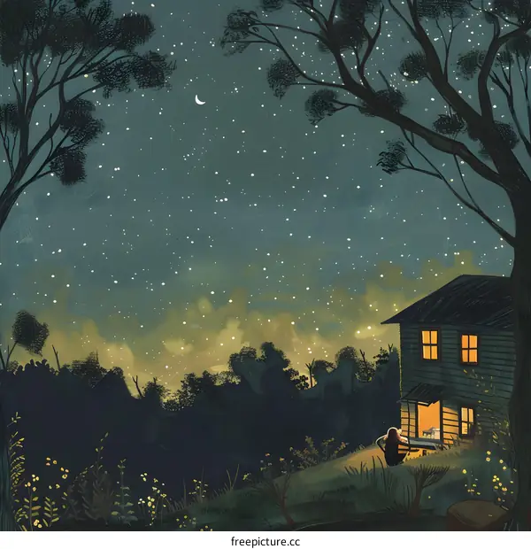 Night Sky Illustration with a House and a Person