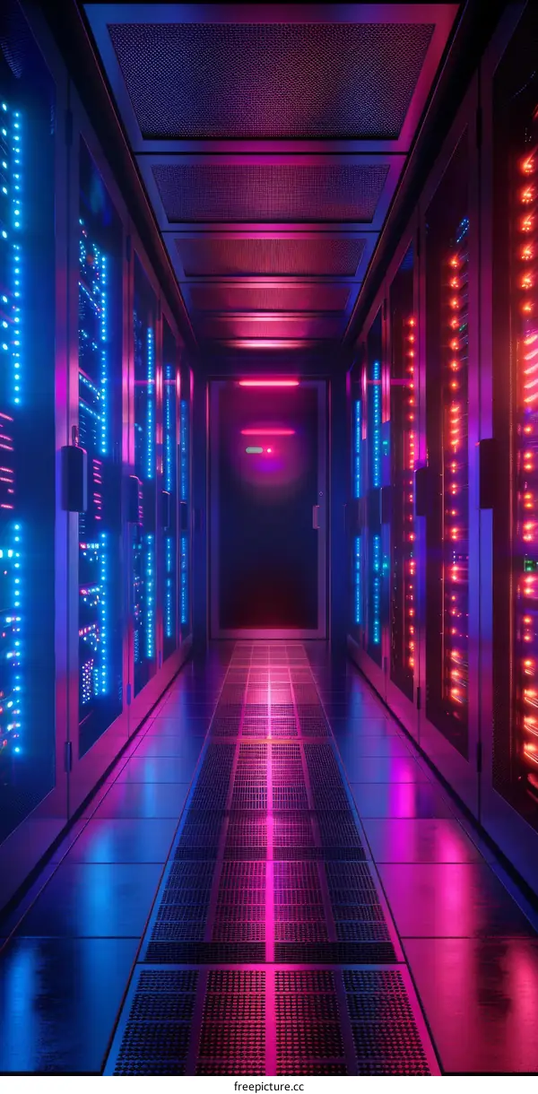 Glowing futuristic server room with bright neon lights