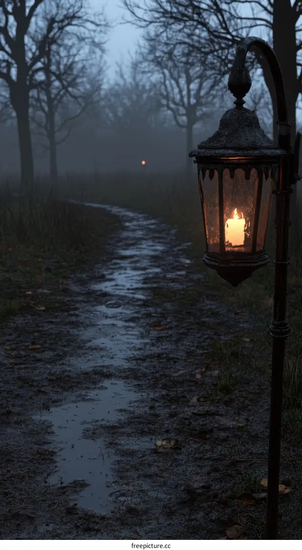 Misty Path with Candle Lantern in a Forest