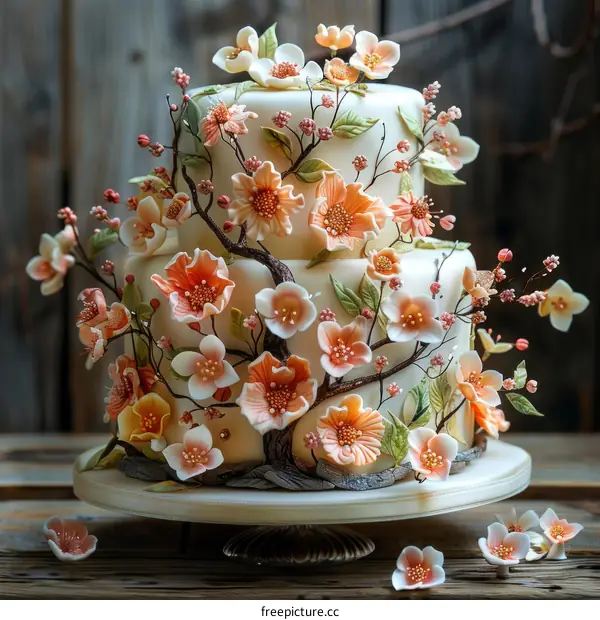 An artistic wedding cake decorated with pink and orange blossoms