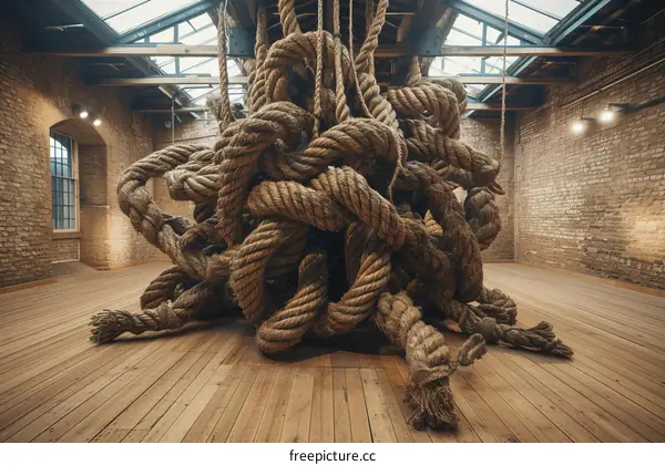 A large rope sculpture fills a room